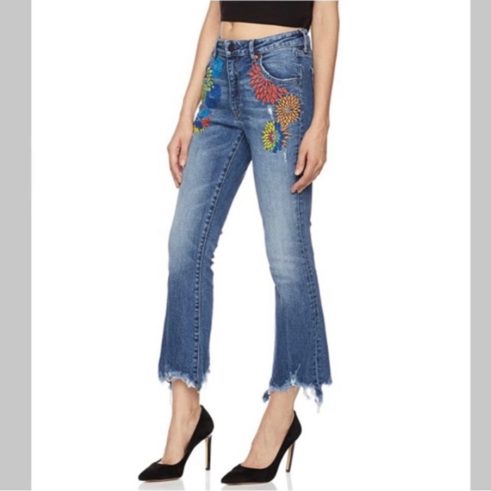 Hale Luna Aster floral embroidered mid rise crop raw distressed hem jeans 27 - Picture 1 of 4